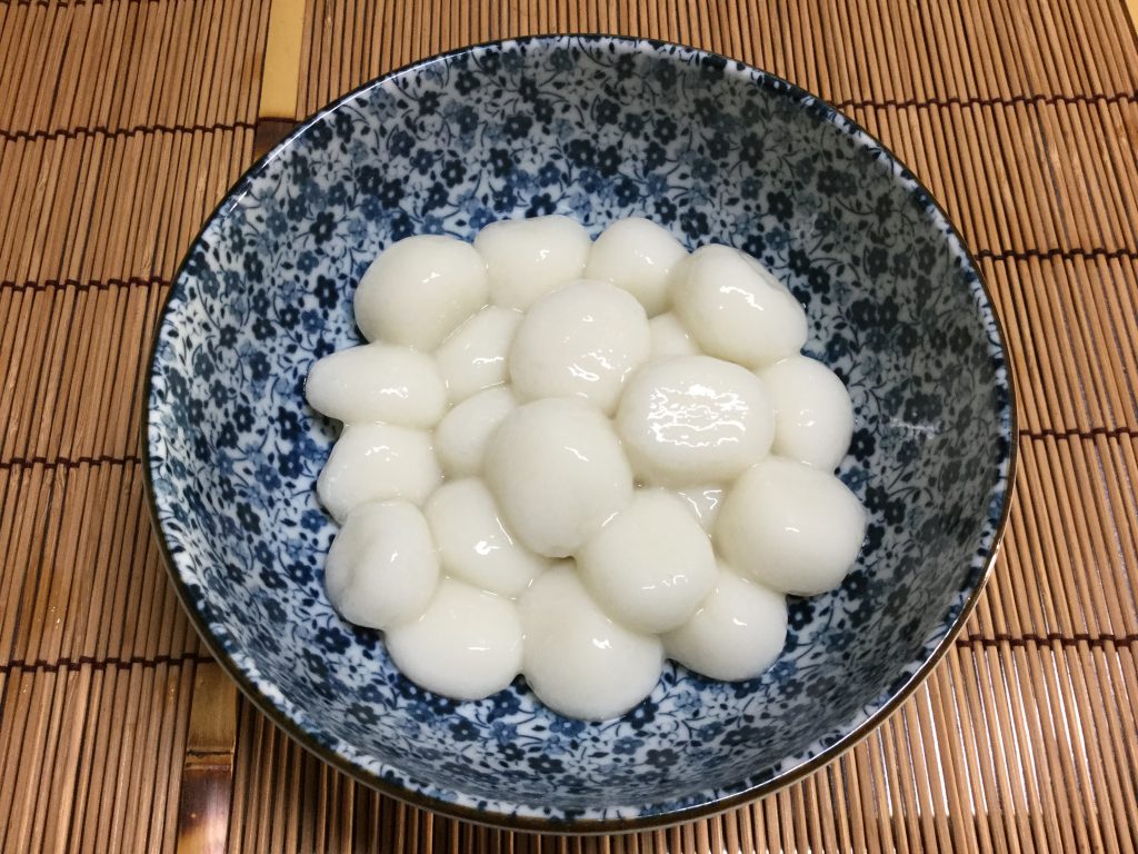 Shiratama dango (mochi rice balls or dumplings) after being boiled