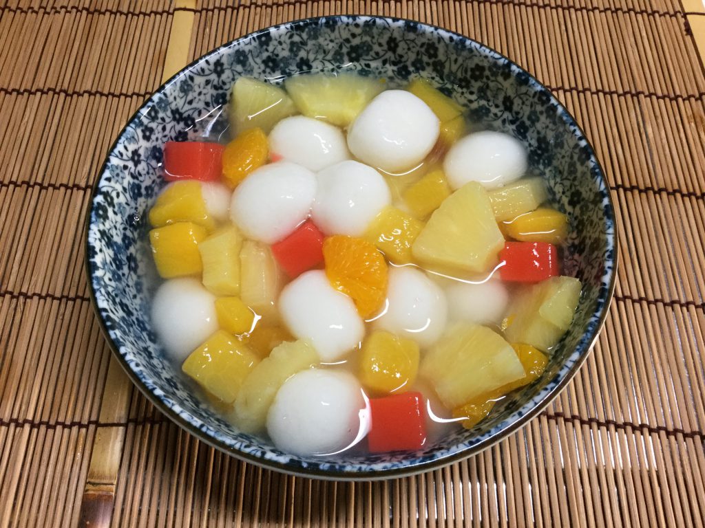 Shiratama dango (mochi rice balls or dumplings) served with canned fruit