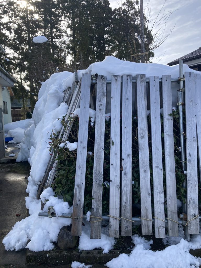 Very sturdy structures made from metal pipes and wooden boards protect the trees and shrubs from the deep and heavy snow in Minamiuonuma, Niigata, Japan.